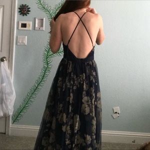 Luxxel Navy Blue w/ Tan Floral Prom Dress